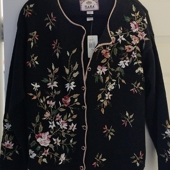 Tiara Int'l Black Button Cardigan Sweater w/ Floral Embroidery+ Beading, Medium - Picture 2 of 10
